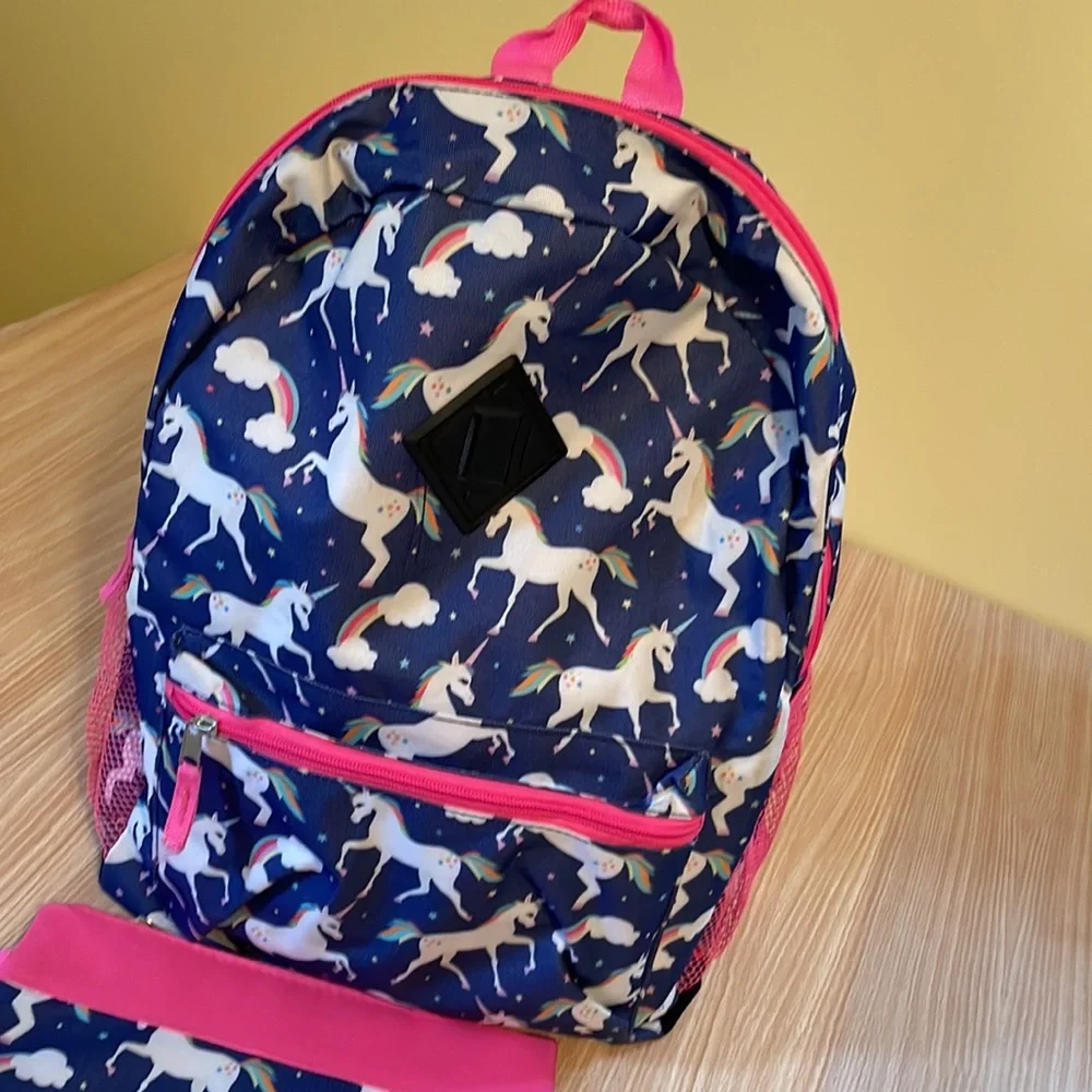 Unicorn backpack blue and pink matching pencil case rainbows girl kids youth